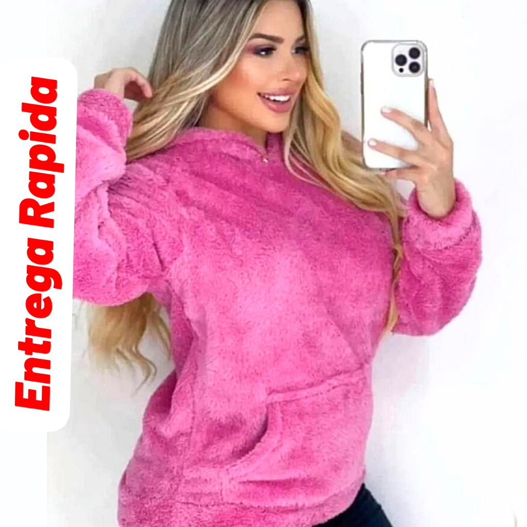 Blusa de Frio Feminina em Pelúcia: Conforto e Estilo para o Inverno - Moletom com Capuz, Bolsos e Design Minimalista - Moda Inverno
