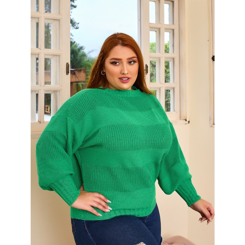 Blusa de Frio Grosso Modelo Grande Plus Size Tricô Manga Bufante
