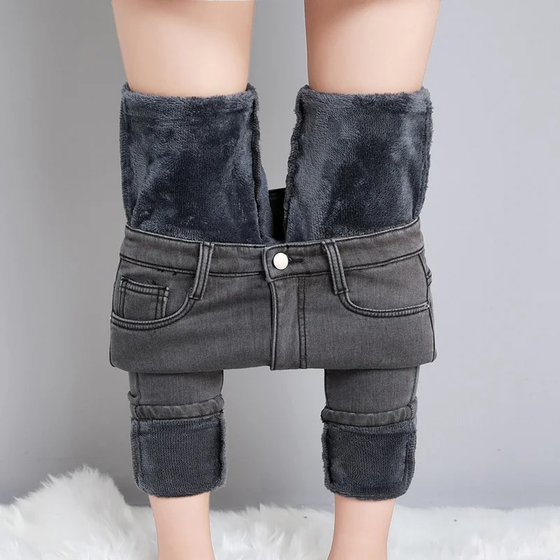 Calça Jeans Térmica Feminina De Inverno Pelúcia Quente De Neve Esticada Lady Skinny Thicken Denim Pants Plus Fleece Mom Boots Trousers
