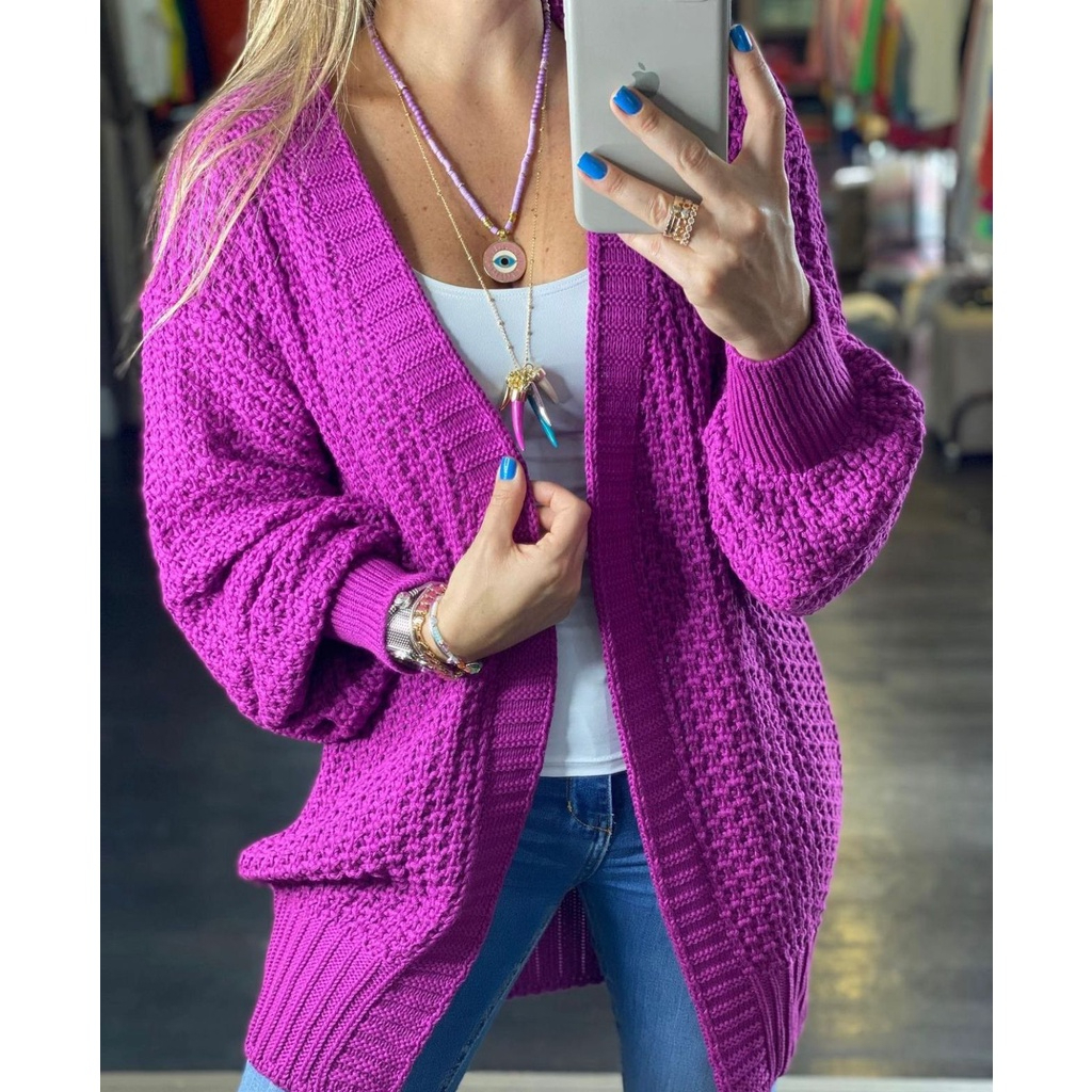 Cardigan trico tricot manga folgada aberto
