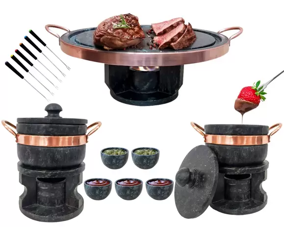 Fondue 23cm Pedra Sabão+ 2 Fondue de 500ml+ 6 Garfos+ 5 Tigelas Curado - Arte Nativa Pedras
