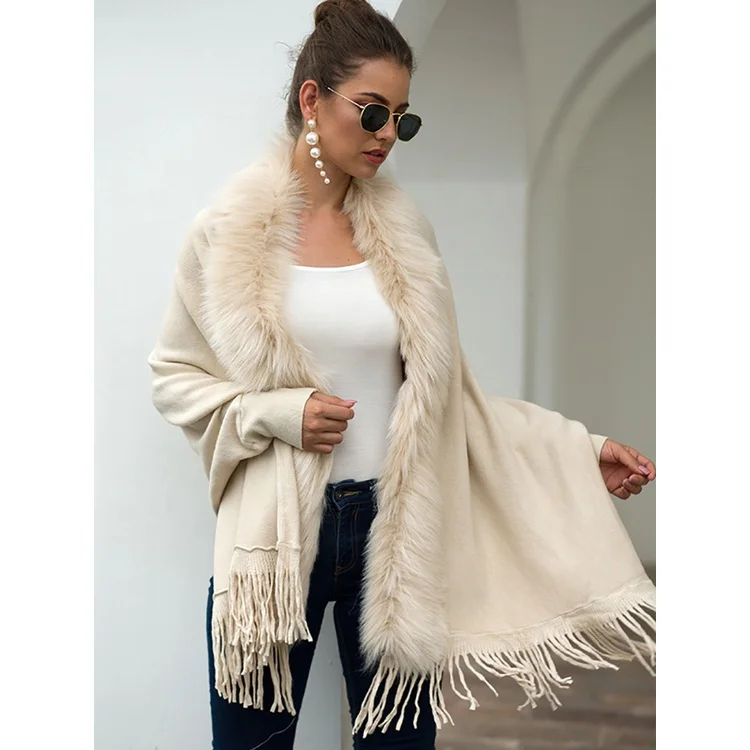 Gola De Pele Inverno Xales E Wraps Franja Boêmio Grandes Mulheres Ponchos Capas De Batwing Luva Cardigan
