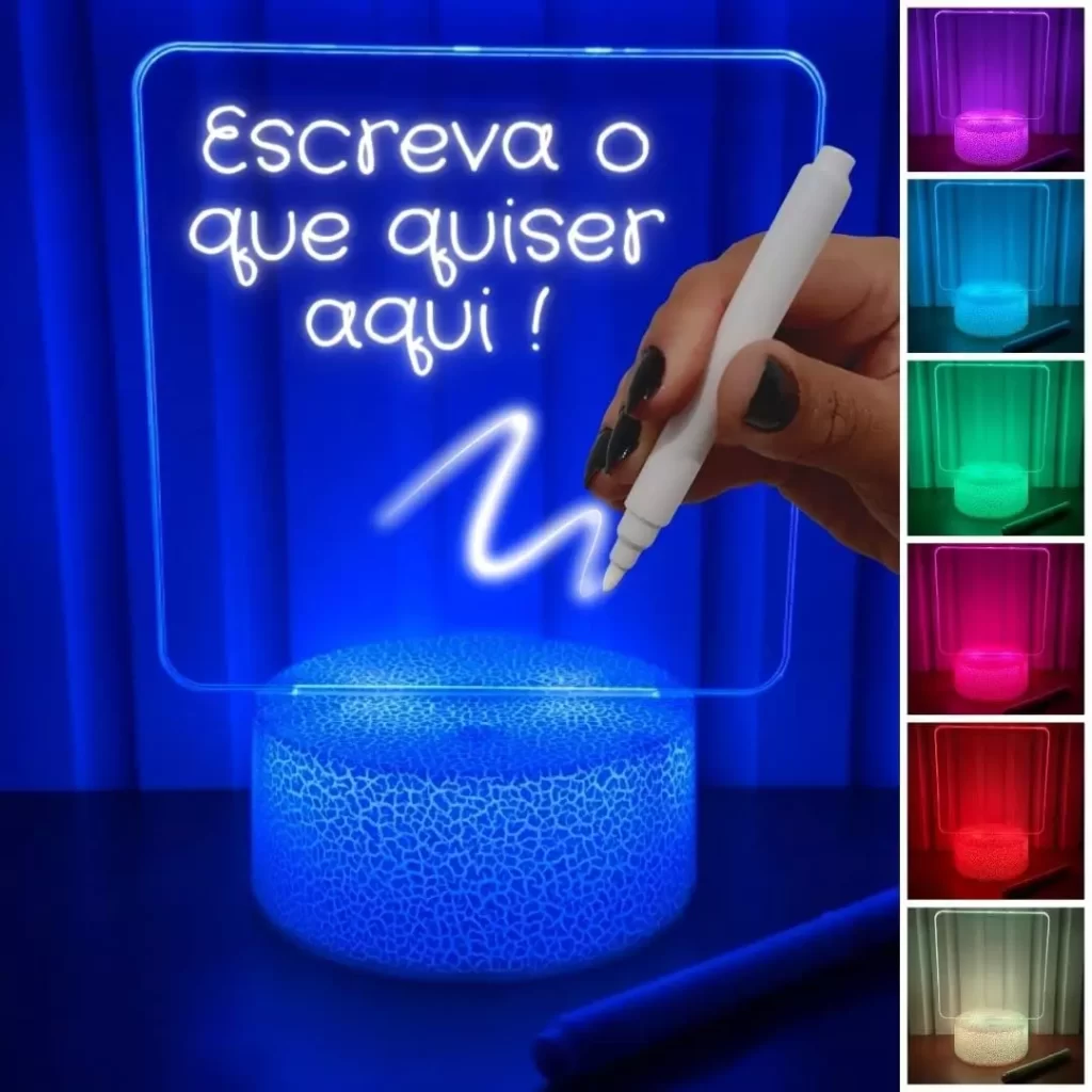 Luminária 3D de Escrever tipo Lousa, Acrílico + Caneta + 7 cores