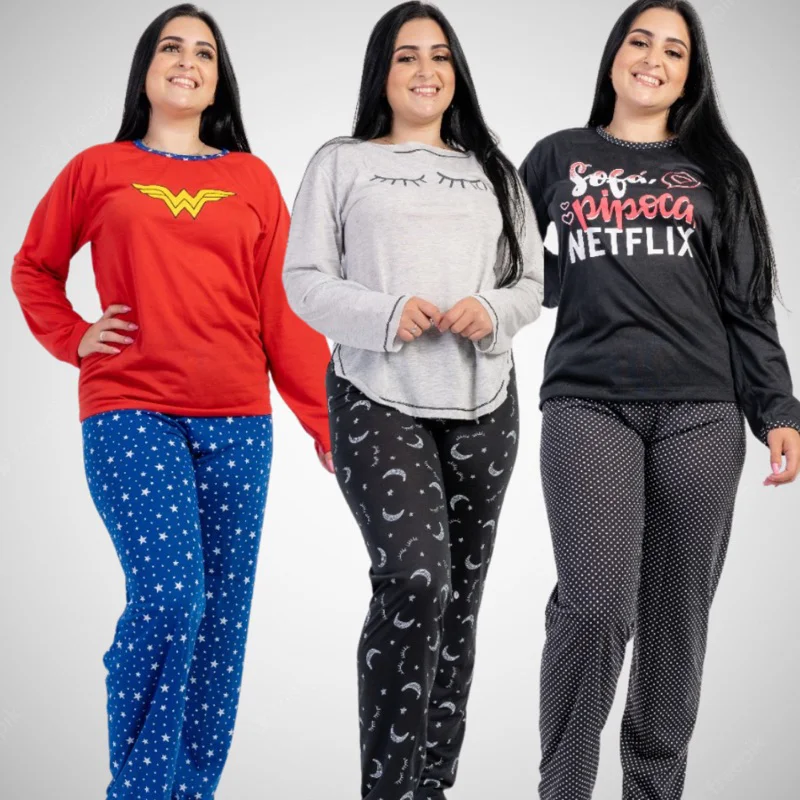 Pijama Longo Feminino Conjunto de Frio Personagem Roupa de Dormir Barato Atacado Calça Blusa Manga Estampado
