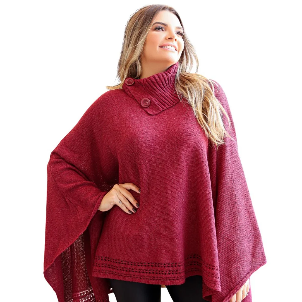 Poncho Feminino Tricot Mousse Liso Gola Alta Botao Casaco Lã
