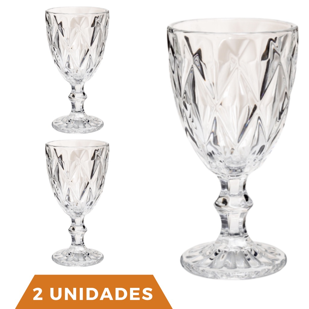 2 Copos Transparente Taças Diamante 300ml Para Agua Vinho