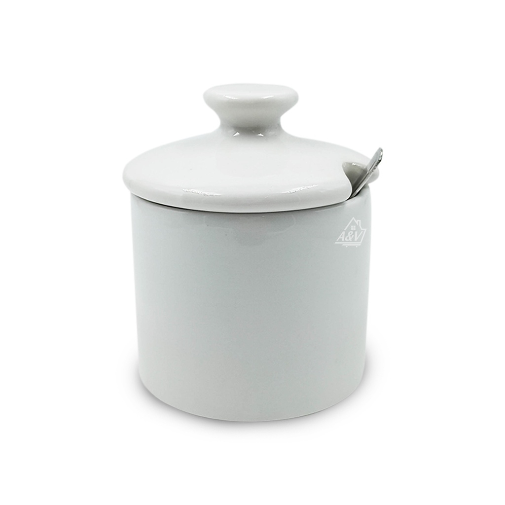 Açucareiro com Colher Louça Porcelana Branca Açúcar Sal Casa Cozinha 250ml