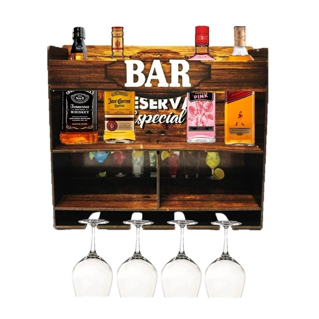 Bar Adega Barzinho De Parede Rústico Em Madeira Com Porta Garrafas De Vinhos Whisky Gin Bebidas E Porta Taça Bar Decorativo Barzinho de Parede