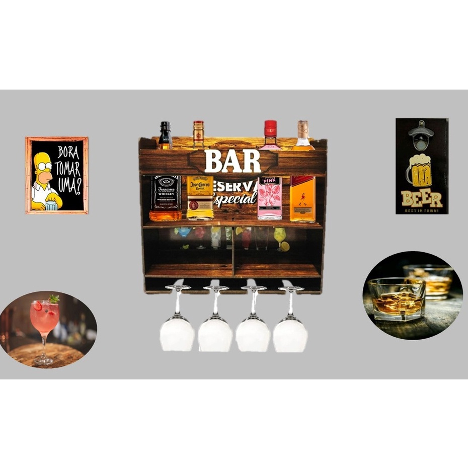 Bar Adega Barzinho De Parede Rústico Em Madeira Com Porta Garrafas De Vinhos Whisky Gin Bebidas E Porta Taça Bar Decorativo Barzinho de Parede