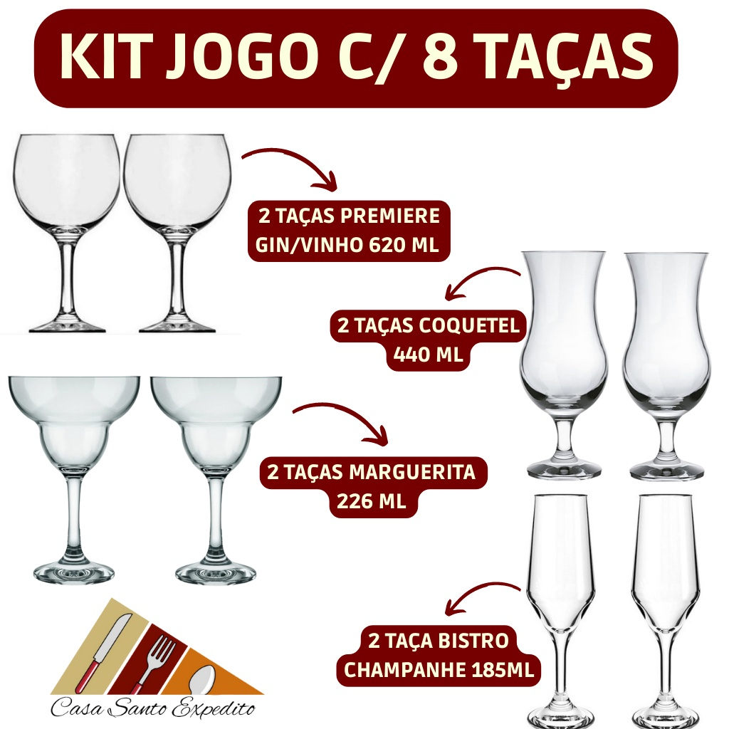 Conjunto Kit 8 Pçs C 2 Taça de Vidro Premiere Gin Vinho 2 Coquetel 2 Marguerita 2 Champagne Envio Imediato