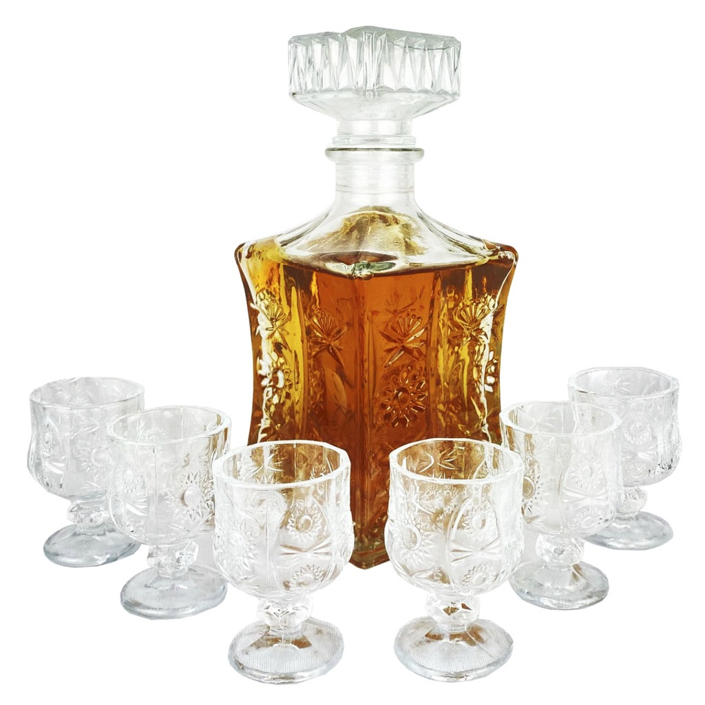 Frasco Licoreira Vidro + Kit Mini Taça Cristal Lapidada Licor Whisky Quadrado Grande Decoração