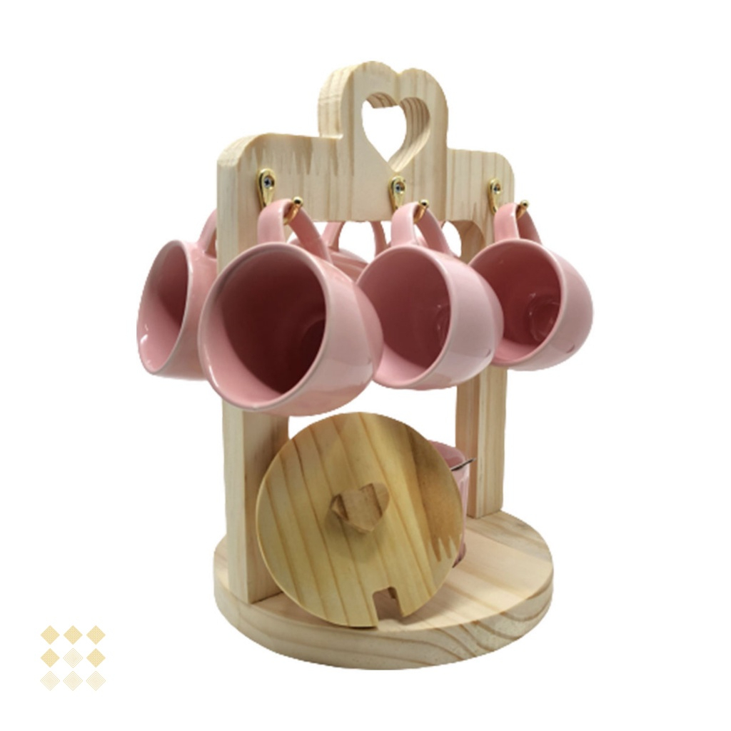 Jogo 6 Xicara e Açucareio Porcelana Rosa com Suporte Coração Cantinho do Café - Mundo da Porcelana