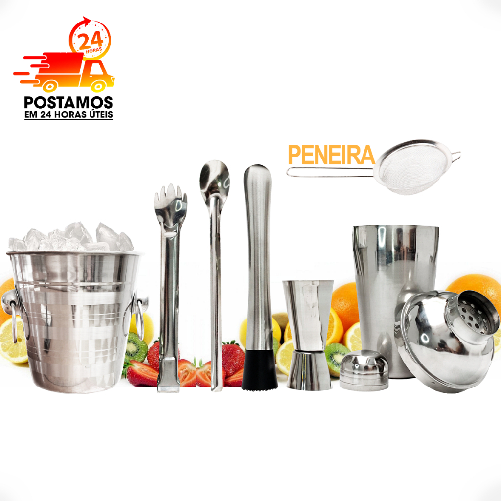 KIT Caipirinha Bartender 7 Peças Aço Inox - Coqueteira 500 ml + Socador, Dosador, Balde, Colher, Pegador gelo e Peneira Completo