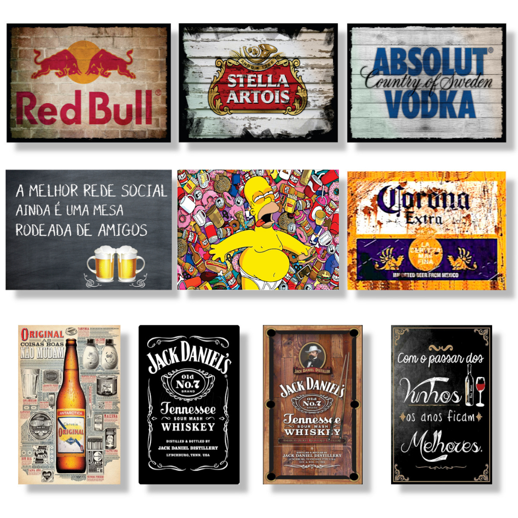 Kit 10 Placas Quadros Decorativos 19x28cm Bebidas Beer Retro