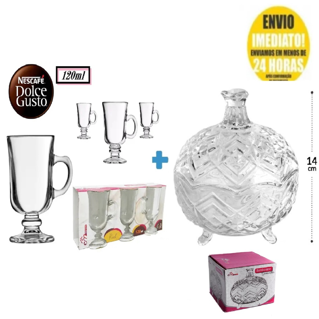 Kit 3 Taças Vidro Xícara Dolce Gusto Café Capuccino 120Ml + Bomboniere de Vidro 14cm