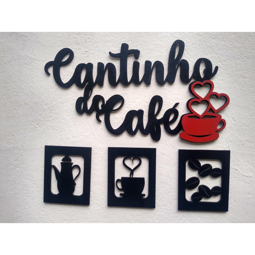 Kit Cantinho Do Café Mdf Alto Relevo 4 Peças 30x30cm Decoração Varias Cores