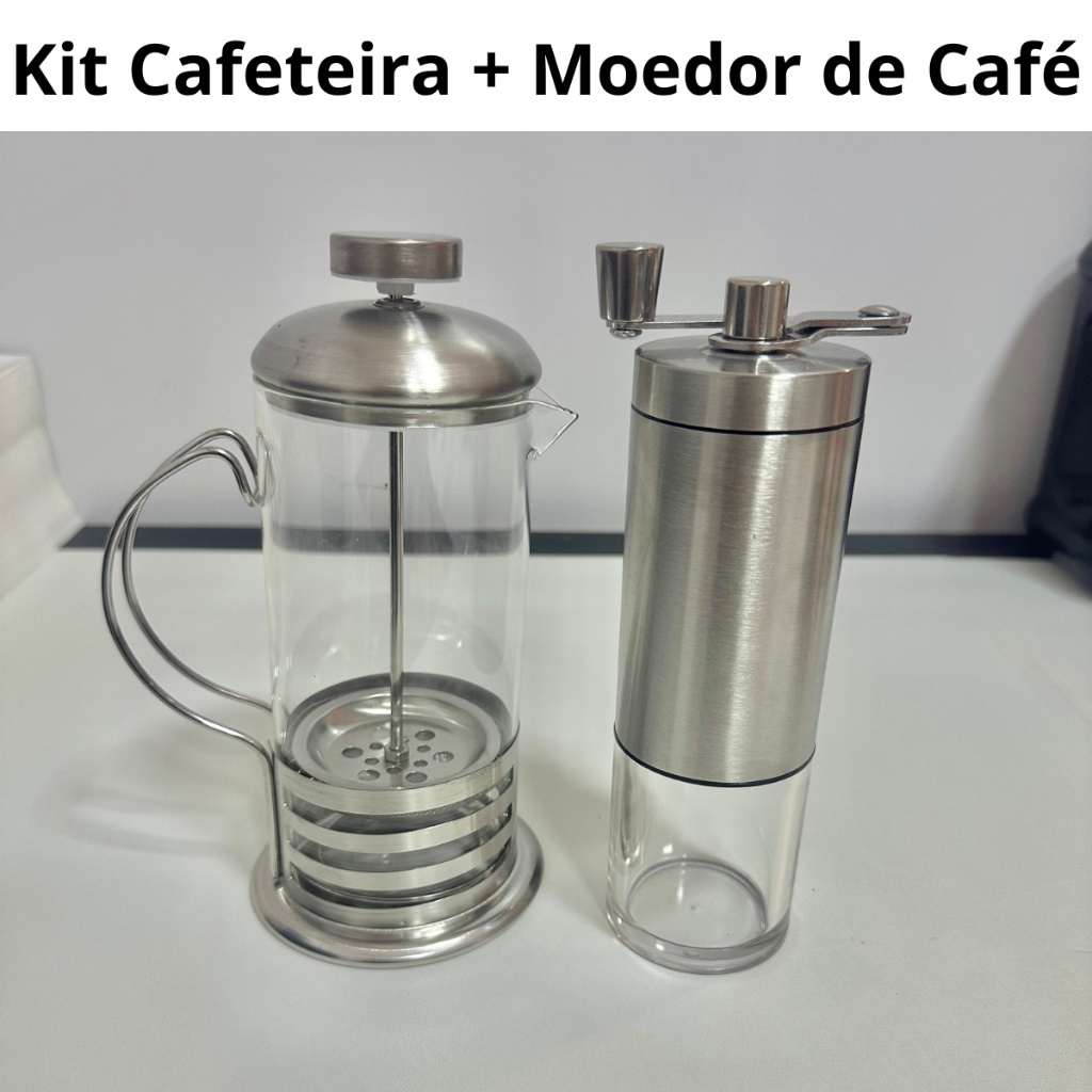 Kit Moedor De Café Manual Gourmet e Cafeteira Prensa Francesa de Inox e Vidro