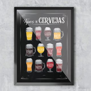 Quadro Decorativo Emoldurado com vidro Tipos De Cerveja Para sala quarto