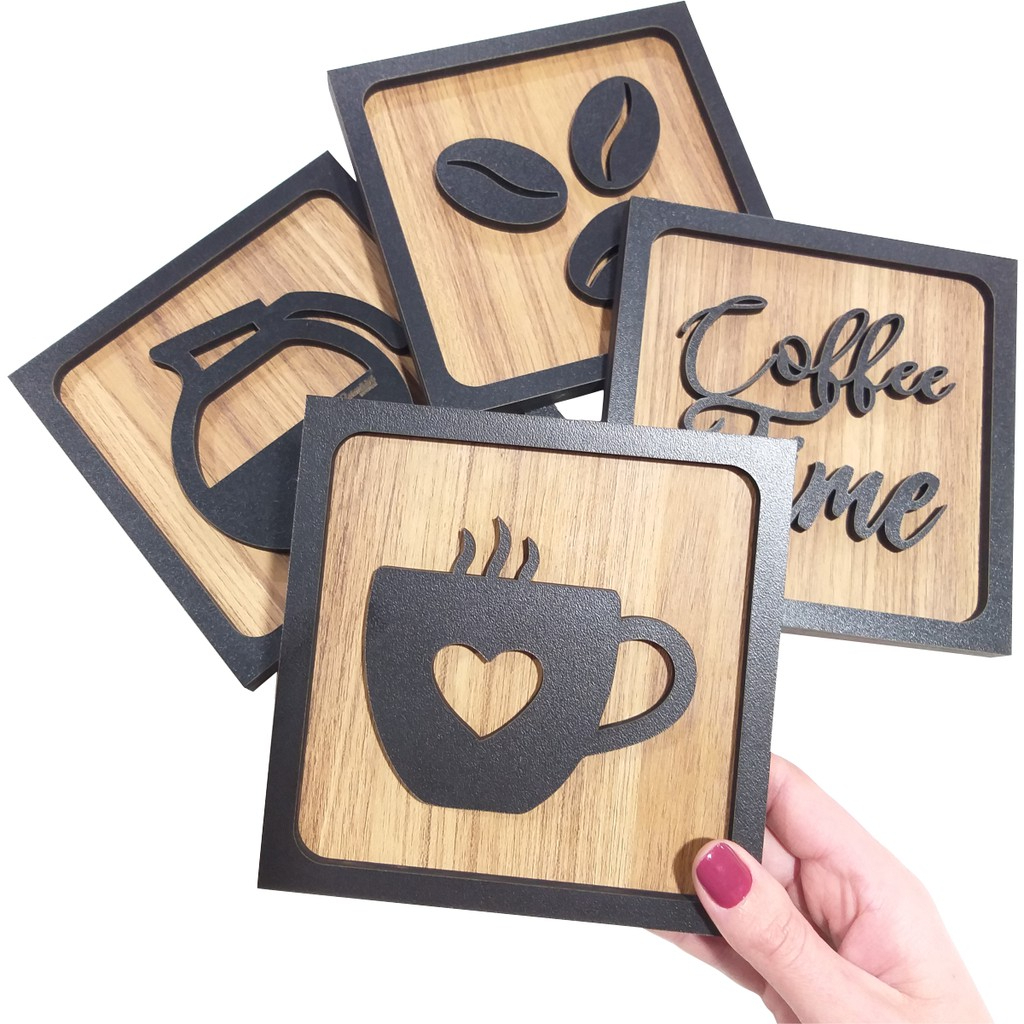 Quadros Decorativos Cantinho Do Café Cozinha 3d Kit Com 4 Quadros Cozinha, Placa Cantinho do Café, Placa Decorativa Cantinho do Café, Decoração para Cozinha