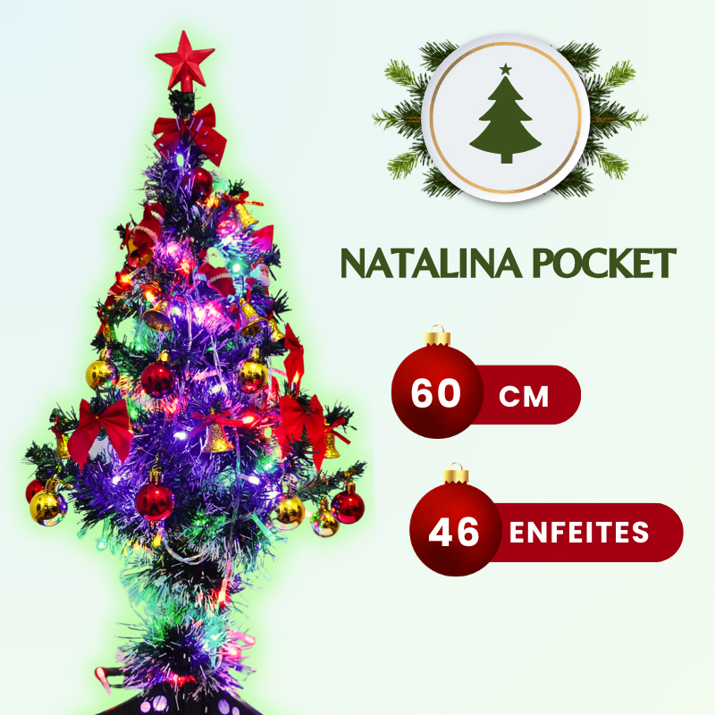 Árvore de Natal Completa Natalina Pocket 60 cm com 46 Enfeites Natalinos 110v