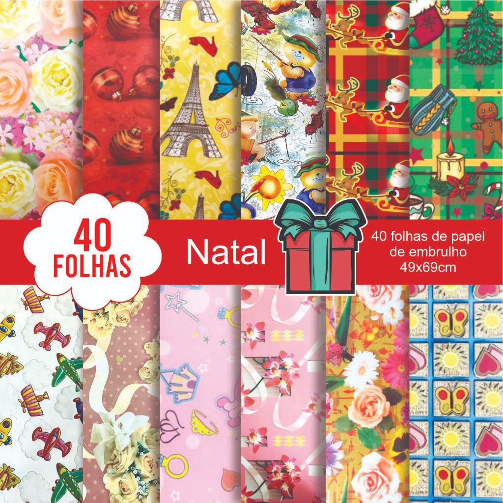 papel de presente decorado natal 49x69cm com 40 FOLHAS